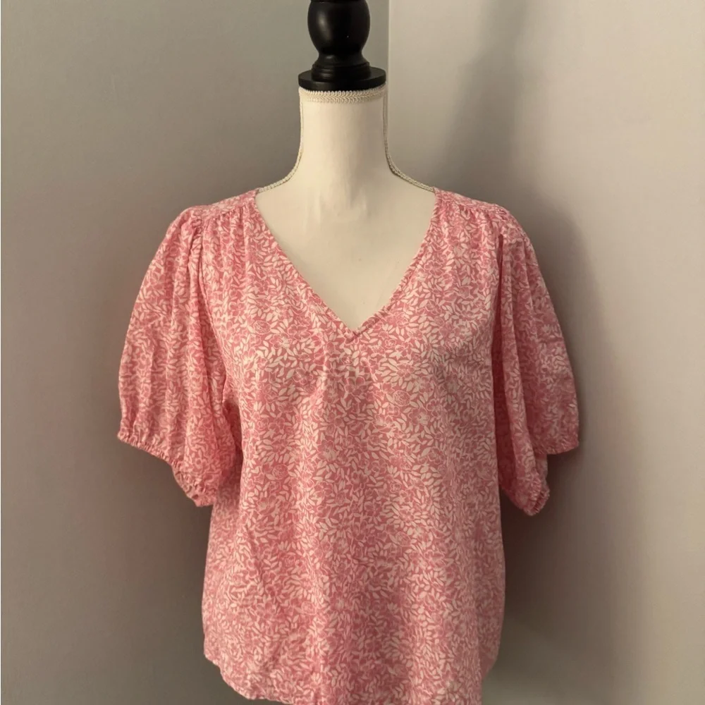 J Crew Size Large Pink & White Fabric Floral Puff sleeve Blouse Cotton